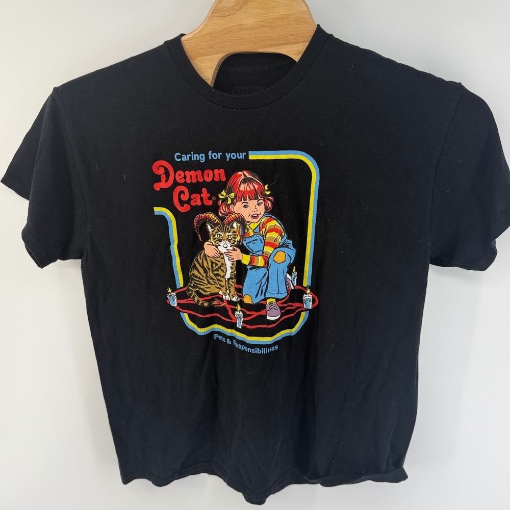 Steven Rhodes Caring For Your Demon Cat Graphic T-Shirt Black XL Funny Retro